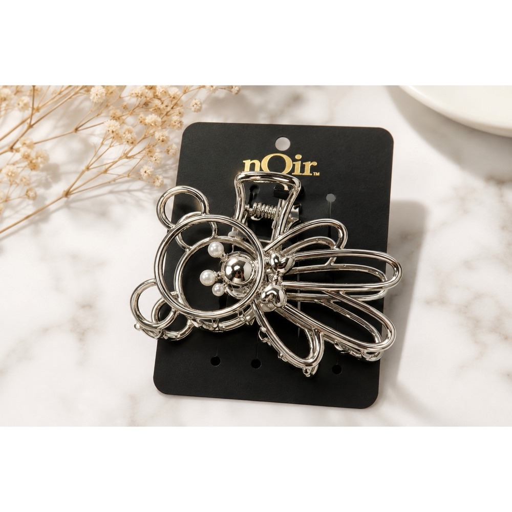 nOir Silver Tone Bear Hair Claw Clip with Faux Pearl Accents NWT